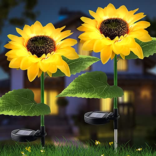 Image of Solar Outdoor Lights for Garden Decor, 2 Pack Waterproof Solar Powered Flowers Stake Lighting for Outdoor Decor, Sunflowers LED Light for Outside Garden Patio Pathway Yard Backyard Porch Lawn