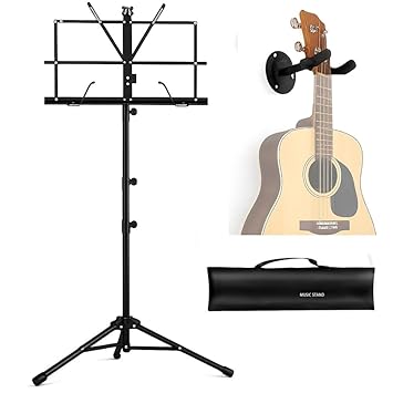 TECHBLAZE Adjustable Folding Notation Stand Black for Singers with Guitar Hanger Wall Mount Combo and Light Weight Music Stand Clip Holder for Books, Notes, Violin, Lyrics with Carry Bag