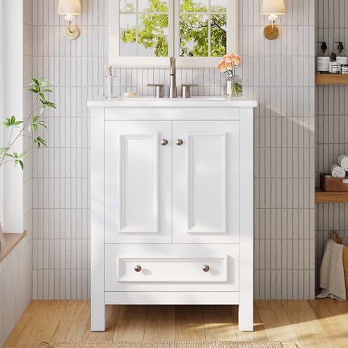 Image of Tribesigns 24 inch Modern Bathroom Vanity with Sink, Freestanding Bathroom Vanities Cabinet with Ceramic Basin Combo, Bathroom Sink Cabinet with 2 Doors and 1 Drawer, Solid Wooden Frame, White