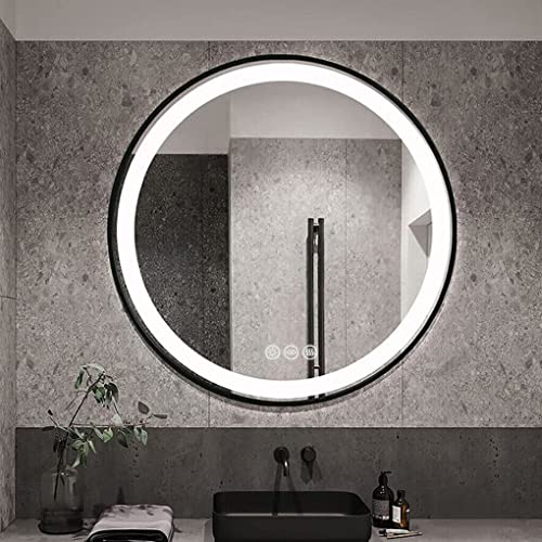 LUVODI LED Bathroom Mirror with Black Frame, 800x800mm Round Illuminated Lighted Wall Hanging Vanity Mirror with Anti-fog 3 Dimmable Lighting Colors Touch Sensor for Bathroom Bedroom Entryway