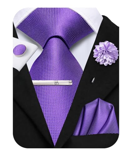 Image of Hi-Tie Solid Lavender Men's Silk Tie Classic Necktie and Pocket Square Lapel Pin Silver Tie Clip Cufflinks Set Wedding Business 6PCS