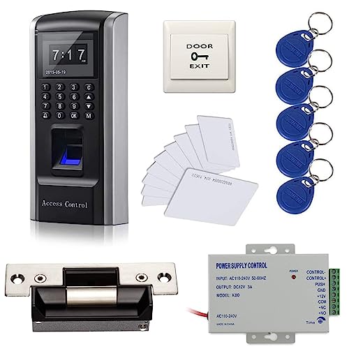 MENGQI-CONTROL Biometric Access Control System with Fingerprint Reader Strike Lock Exit Button 110V-240V Power Supply Box FRID Cards/Key Fobs for Fingerprint + Password +ID Card Biometric Access Entry