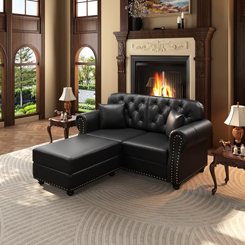 Image of KEIKI 63 inch Faux Leather Chesterfield Sofa with Rolled Arms & Nailhead Trim & 1 Ottoman, 2-Seater Button Tufted Couch with High Resilience Cushion & 2 Pillow, Easy Assembly, for Living Room, Black