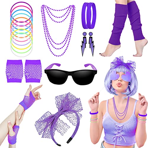 80s Fancy Dress Costumi Accessori, 1980 Stile Party Set & Kits per Donne & Bambini, Neon Leg Warmers Collane Braccialetto Fishnet Guanti Pizzo Bow Headband Orecchini Occhiali da sole-Viola