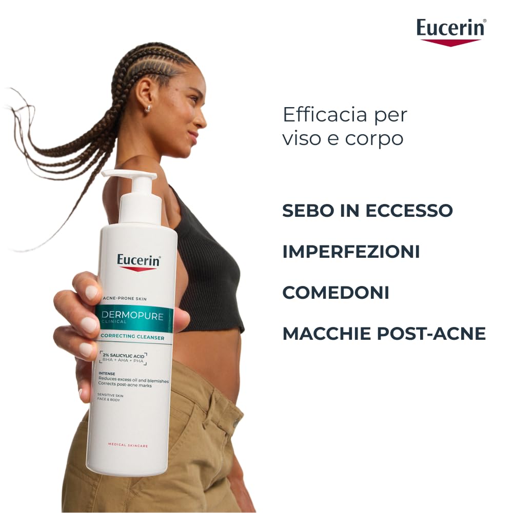 Eucerin DermoPure Clinical Detergente Viso Tripla Azione 400 ml, Detergente schiumogeno viso anti macchie, imperfezioni e lucidità con 2% Acido Salicilico per pelle grassa e a tendenza acneica