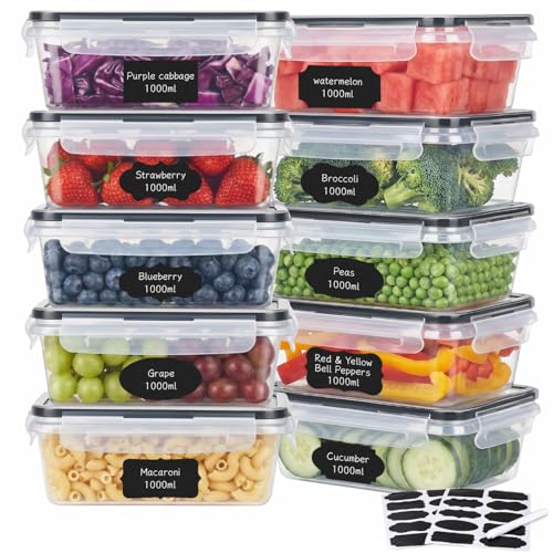 Hotec Frischhaltedosen mit Deckel 10 x 1 L Clip & Close Frischhaltedosen-Set Meal Prep Boxen 100 Prozent dicht spülmaschinen gefrier mikrowellenfest Gefrierbehälter & Küche