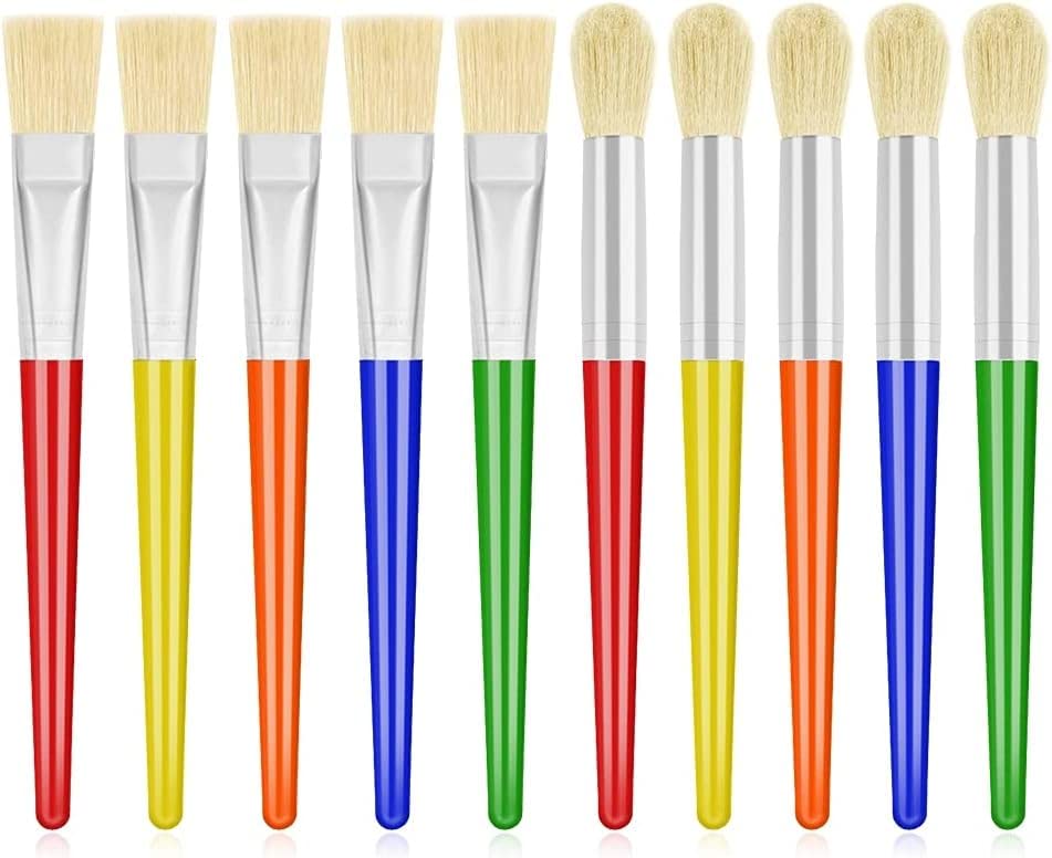 Sixstore 10Pcs Chubby Paint Brushes for Kids - Round & Flat, Washable & Acrylic Paint