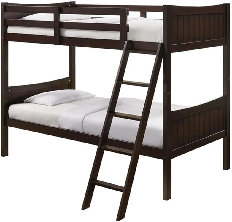 Pemberly Row Transitional Twin Over Twin Bunk Bed, Rubberwood, Espresso Finish, Includes Built-in Stepladder, Space-Saving Sturdy Design, Ideal for Kids Bedroom Furniture
