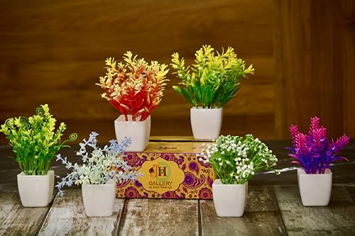 Image of JH Gallery Artificial Flowers, Small Indoor Potted Houseplants for Home Decor, Decoration Items for Living Room, Office and Bedroom, Artificial Plants with Pot (Pack of 6)