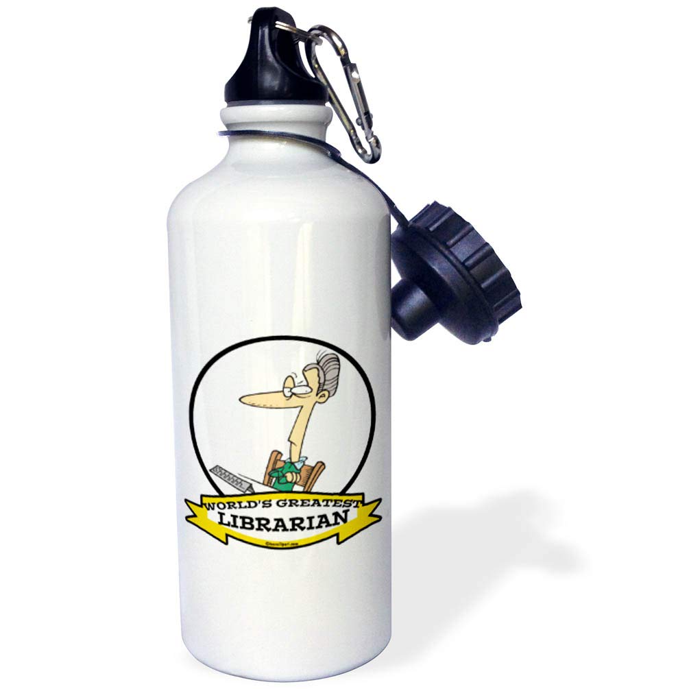 3dRose Funny Worlds Greatest Librarian II Cartoon Sports Water Bottle 21 oz White