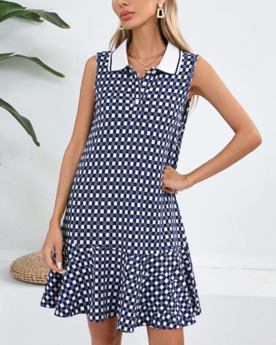 Image of YEXPINE Women's Sleeveless Polo Dress Ruffle Hem Lapel V Neck T-Shirt Summer Mini Dresses