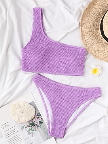 Image of YIMISAN Women's Ribbed Bikini Sets One Shoulder Top with Mid Waist Two Piece Bathing Suit