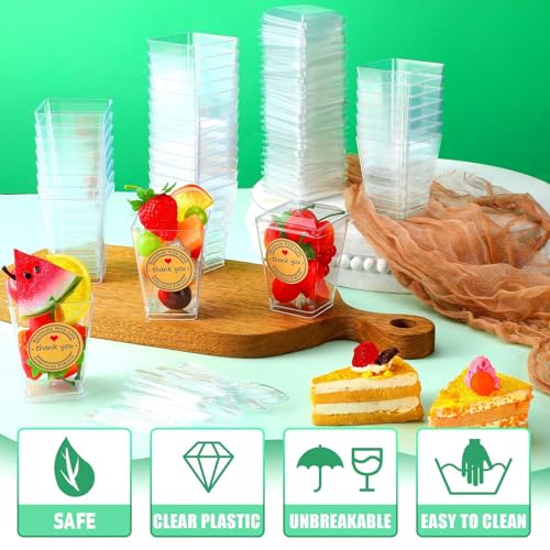 Sieral 50 Packs 5 Oz Square Clear Plastic Dessert Cups with Lids, Spoons & Sheets Stickers, Small Tumbler Serving for Desserts, Appetizers, Puddings, Mousse, 10 cm/ 3.94 inches in length - Thumbnail 5