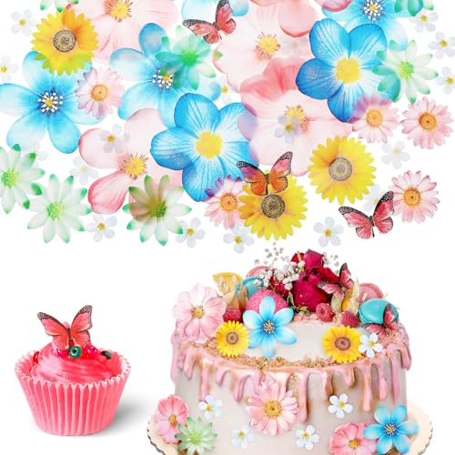 55 Pcs Edible Flowers & Butterflies Cake Decorations - Cupcake Toppers for Wedding, Birthday Party Food (Mixed Size & Colour)