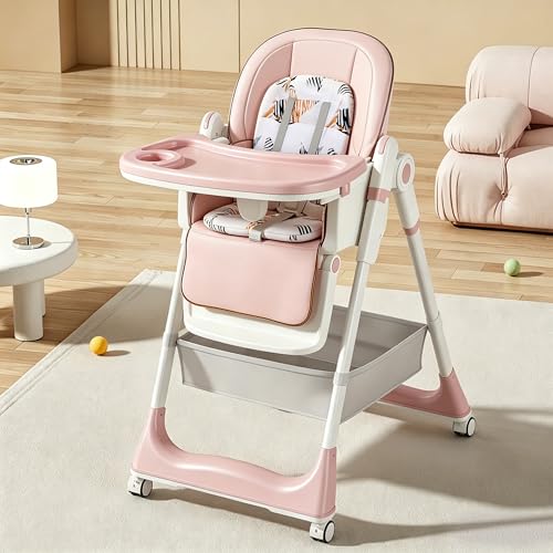Image of Baby High Chair for Babies & Toddlers, Foldable Feeding Chair with Wheels, Adjustable Seat Height, Backrest, Footrest, Removable Tray, PU Cushion, 5-Point Harness, Easy to Clean, Pink+White