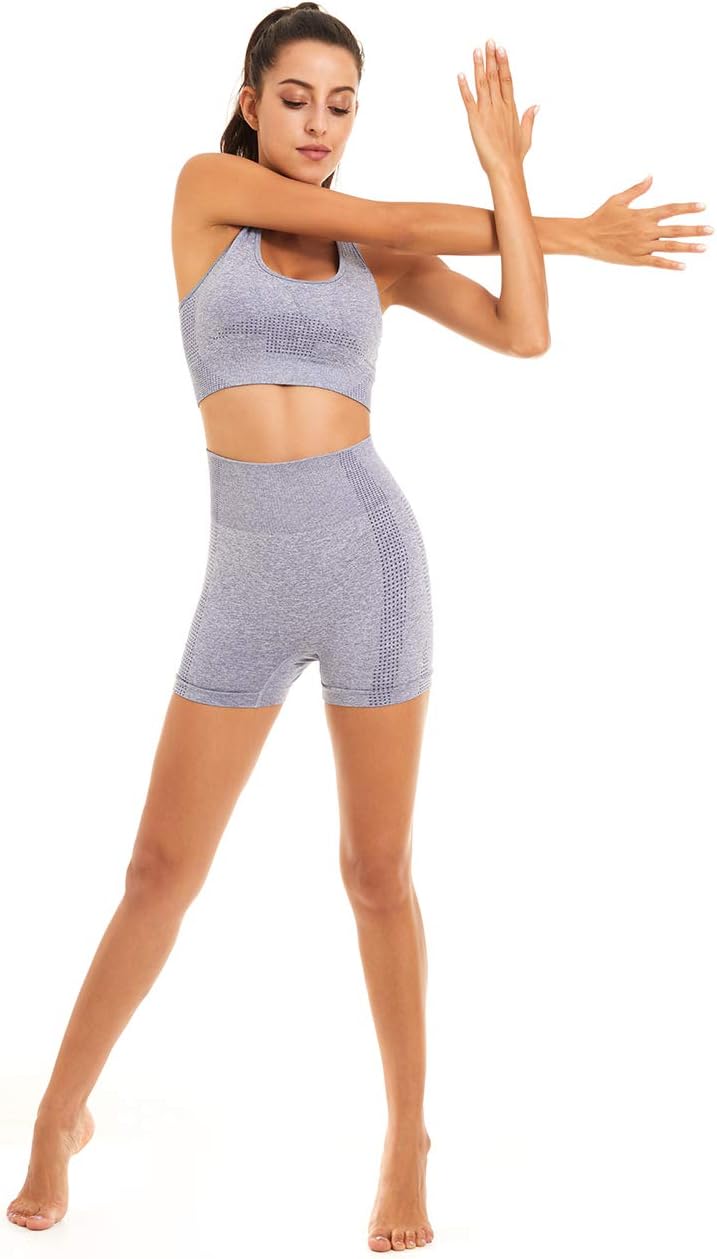Women Seamless Yoga Workout Set 2 Piece Outfits Gym Shorts Sports Bra