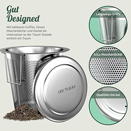 Der Traum Tea Strainer for Loose Tea Made of 304 Stainless Steel - Pack of 2 Tea Strainer for Cup and Teapot with Lid and Foldable Handles - Fine Mesh and Dishwasher Safe