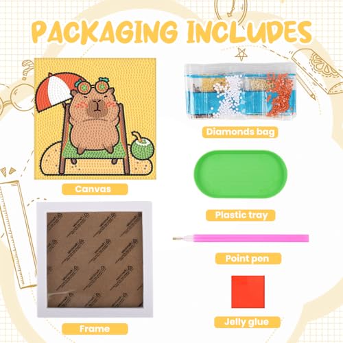 Image of PATPAT Diamond Painting Kit Capybara 7 Inch Wooden Frame DIY Craft for Kids | Creative Focus, Quiet Activity, Capybara Artwork, Wooden Display, Easy Setup for Home Crafting