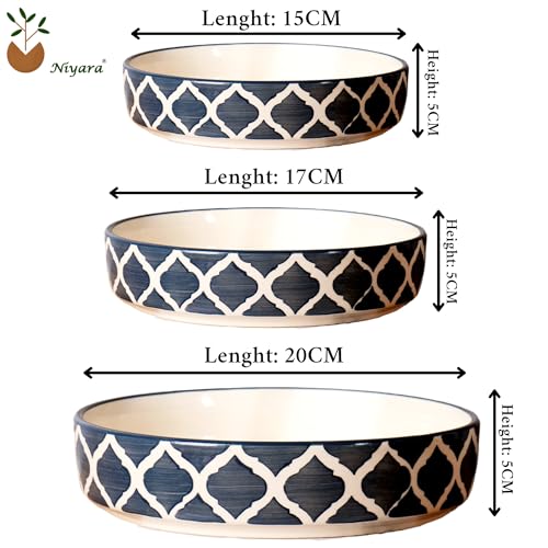 Image of Niyara Stoneware Handmade Ceramic Stylish Premium Serving Bowls /Salad Tray Microwave Dishwasher Safe (Grey Moroccan Print Set of 3)