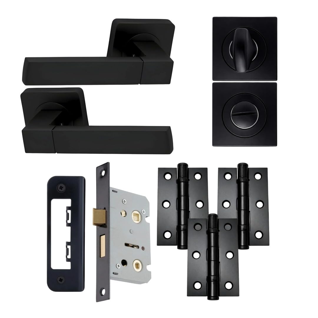 Uap Black Cube Internal Door Handles Bathroom Pack With 75Mm Lock, Hinges, And Escutcheon Matt