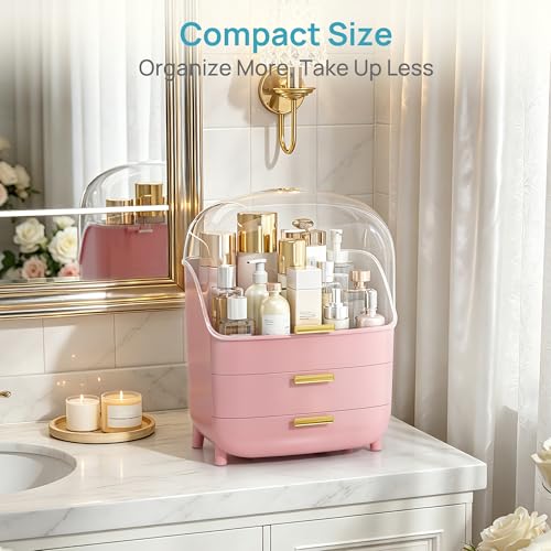 Image of Vtopmart 3-Tier Skincare Makeup Organizer with Lids, Pink | With Drawers and Lid, For Vanity and Bathroom Countertop, Large Cosmetic Storage Box Case for Dresser, With Non-Slip Base