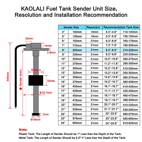KAOLALI Brandstof Gas Zender Roestvrij Staal Brandstof Verzendunit 200 mm Marine Boot Waterniveau Meetsensor 5 gaten fit Brandstof Watermeter 0 ~ 190 ohm - Afbeelding 3