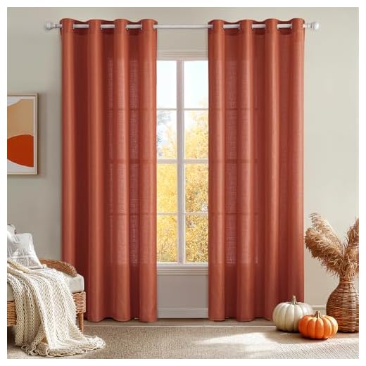 MIULEE Burnt Orange Linen Semi Sheer Curtains 2 Panels for Living Room Bedroom Light Filtering Privacy Window Curtains Terracotta Linen Textured Grommet Voile Drapes Rust Boho Decor W 52 x L 72 inches