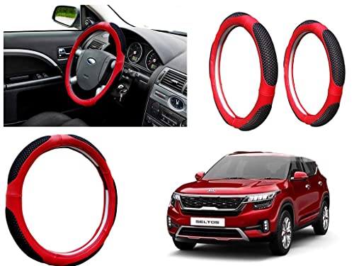 Image of Microfiber Car Steering Wheel Cover, Soft Padding Great Hand Feel, Anti-Slip, Faux Leather Steering Cover for Kia Seltos | Black Red Jali - Pack of 1