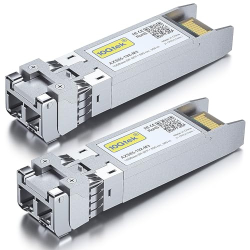 10Gtek 10GBase-SR SFP+モジュール, 10G 850nm MMF, 最大300m, 光トランシーバ, Cisco SFP-10G-SR、Meraki MA-SFP-10GB-SR、Netgear、Ubiquiti UF-MM-10G、Mikrotik、D-Link、Supermicro、TP-Linkなど互換 2個入り