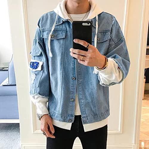 Unisex Denim Jacket with Hoodie Distressed Ripped Oversized Button Down Trucker Jean Jackets Coat - Image 6