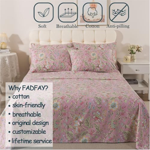 Image of FADFAY Full Sheet Set 4Pcs 100% Egyptian Cotton Bed Sheets Deep Pocket Soft Breathable Vintage Misty Pink French Country Bedding Shabby Cottagecore Floral Bedding Luxury Hotel Quality for All Seasons