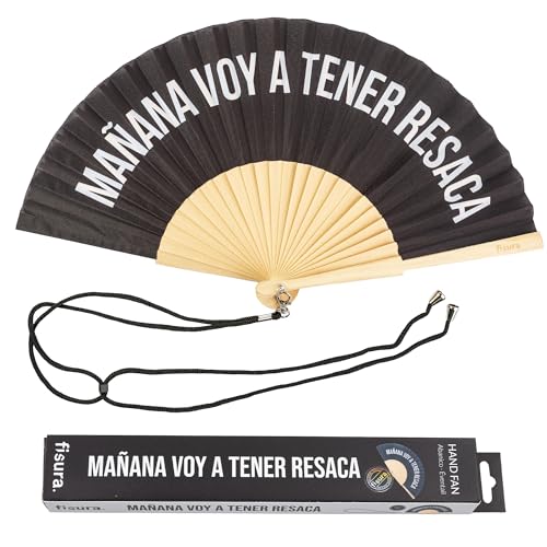Fisura – Abanico original con mensaje “mañana voy a tener resaca”. Abanico de madera moderno y gracioso. Abanico negro. Abanico con cuelga abanico. 42,5 x 23 cm.