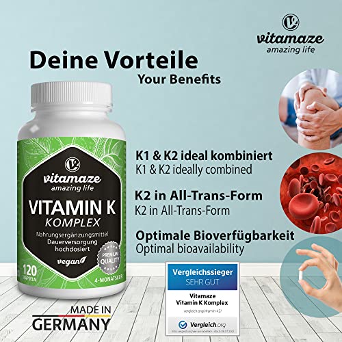 Vitamin K Komplex hochdosiert & vegan, K1 1.000 mcg + K2 Menaquinon (1.000 mcg MK4 + 200 mcg MK7), 120 Kapseln für 4 Monate, beste Bioverfügbarkeit, Made in Germany