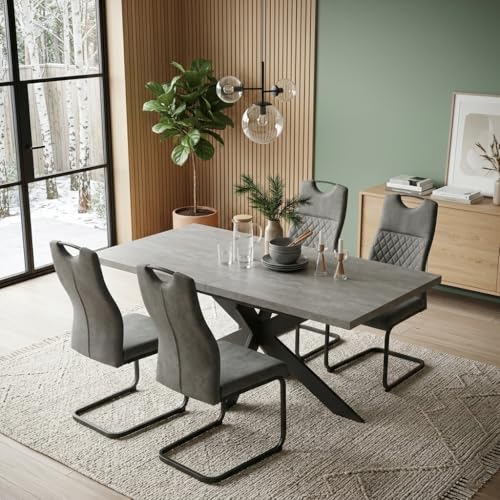 JIEXI Ensemble table de salle à manger extensible avec 4 chaises, plateau en MDF avec pieds croisés en métal, chaises en tissu rembourré avec base en...
