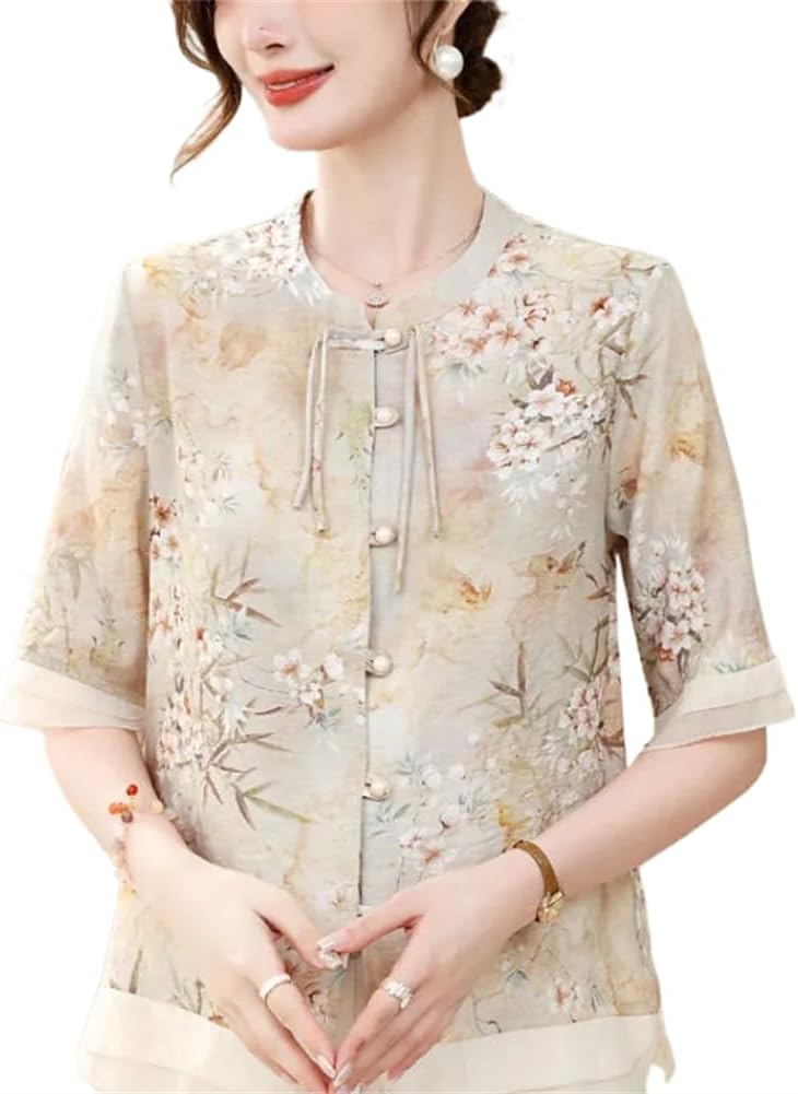 Spring Summer Neck Women' Button &Flowers Patchwork Sleeve Chiffon Shirt Casual Chinese Style Tops