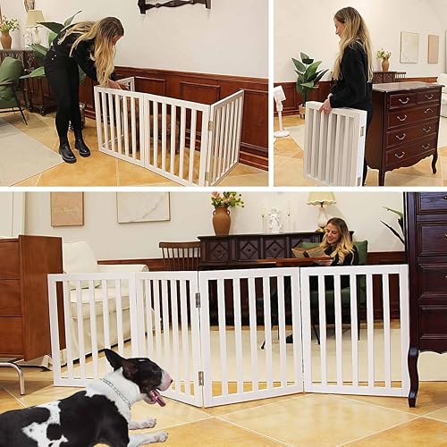 Image of Belief Foldable Wooden Pet Gate for Dogs & Cats - Indoor Safety Barrier for Doorways, Hallways & Stairs | Free-Standing, Portable White Dog Fence - 3 Panel, 60 cm Height (【4 Panels 】 78''W x 24''H)
