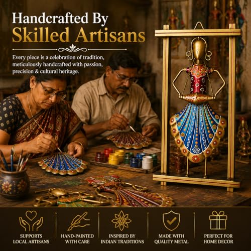 Image of iHandikart Handmade Metal Wall Art Set of 3 for Home Decor | Traditional Rajasthani Lady Musician & Folk Art Wall Hanging | Hand-Painted Iron Wall Art | Living Room & Bedroom Decor | 13 x 7 Inch Each