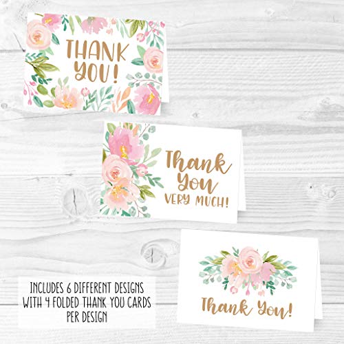 24 Pink Blush Floral Thank You Cards With Envelopes, Great Note For Adult Funeral Sympathy Or Gift Gratitude Supplies For Grad, Birthday, Baby Or Bridal Wedding Shower Boy Or Girl Watercolor Flower #TOP4