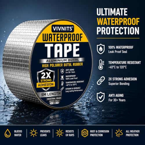 Image of VIVNITS Waterproof Butyl Aluminium Foil Tape for Roof Leakage, Heavy Duty Self Adhesive Waterproof Sealing Tape for Water Tank, Wall, Pipe, Terrace Crack Repair, Duct & Water Leakage Solution, Silver