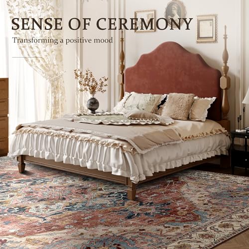 Deerly Large Washable Area Rug 8x10 for Living Room Bedroom Boho Vintage Rug for Dining Room Non-Slip Soft Low-Pile Thin, Brickred/Multi