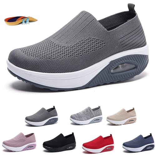 Women Mesh Air Cushion Orthopedic Diabetic Walking Shoes Slip-on Platform Sneakers Breathable Lightweight with Arch Support Wedge Rocker Shoes (Dark Gray,10,Women,10)