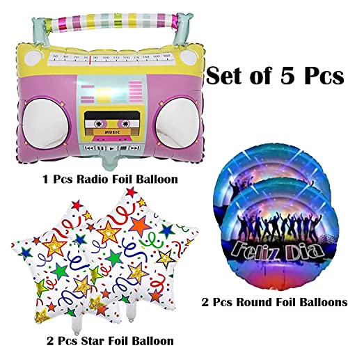 Image of Rozi Decoration Radio Foil Balloons For Music Theme Party Decorations With Round & Star Shape Foil Balloons Happy Birthday Decorations For Kids, Girls, Boys Pack Of 5 Pcs, Multicolor