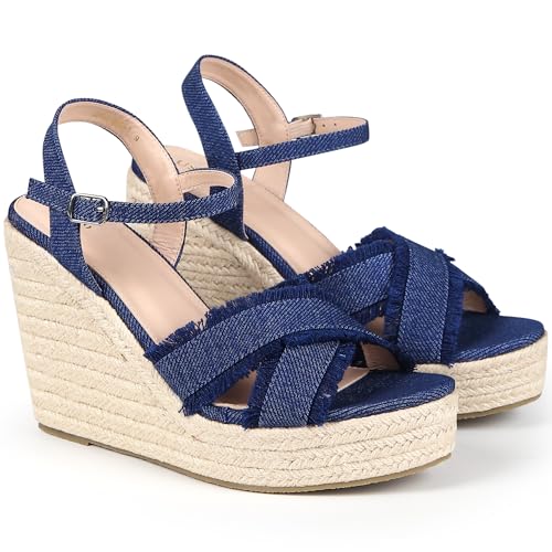 Allegra K Women's Denim Wedges Shoes Slingback Platform Wedge Heel Sandals