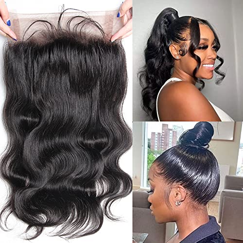 360 Lace Frontal Closure 14 Inch Body Wave Human Hair 360 HD Transparent Full Lace Frontal 12A Unprocessed Brazilian Remy Hair Bleachable Knots 360 Lace Frontal Natural Color (14 Inch)