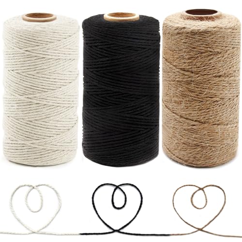 Anvin Cotton Twine - Natural Jute Packing & Wrapping Twines (Black, White) - 984 Feet, 10 Ply, 2mm Thick - Ideal for Bakers, Butchers, Arts & Crafts, Gardening - Pack of 3