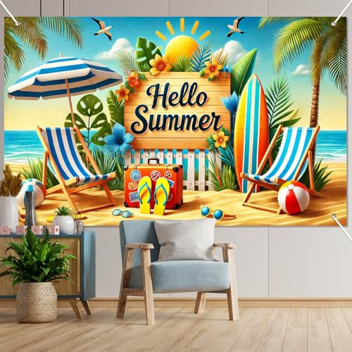 Image of BlissYard Hello Summer Banner 71 x 43 Inches Summer Party Decorations, Beach Theme Party Decorations Hawaiian Party Decorations, Aloha Banner for Luau Tiki Party Supplies, Beach Party Decorations