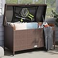 YITAHOME 200 Gallon Large Wicker Deck Box w/Storage Net, Rattan XL Outdoor Storage Box Patio Cushion Storage, Waterproof Storage Box for Patio Furniture, Garden Tools, Pool Sports Equipment (Brown)