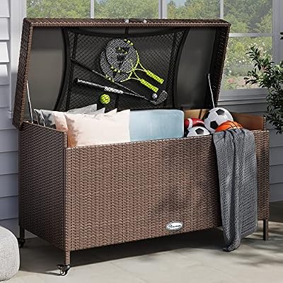 YITAHOME 200 Gallon Large Wicker Deck Box w/Storage Net, Rattan XL Outdoor Storage Box Patio Cushion Storage, Waterproof Storage Box for Patio Furniture, Garden Tools, Pool Sports Equipment (Brown)