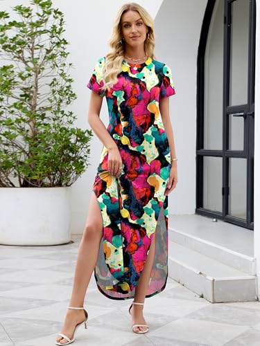 Image of Heymoments Womens Summer Maxi Dress Short Sleeve Casual Loose Long T Shirt Split Vacation Beach Sundress with Pockets