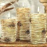 Birch Bark Texture Pillar Candles Set - Real Wax 3 Sizes (4', 5', 6' Tall) Rustic Decor Fireplace Candles, Unscented Woodland Style Pillar Candle for Modern Farmhouse, Dining Table, Holiday Decor